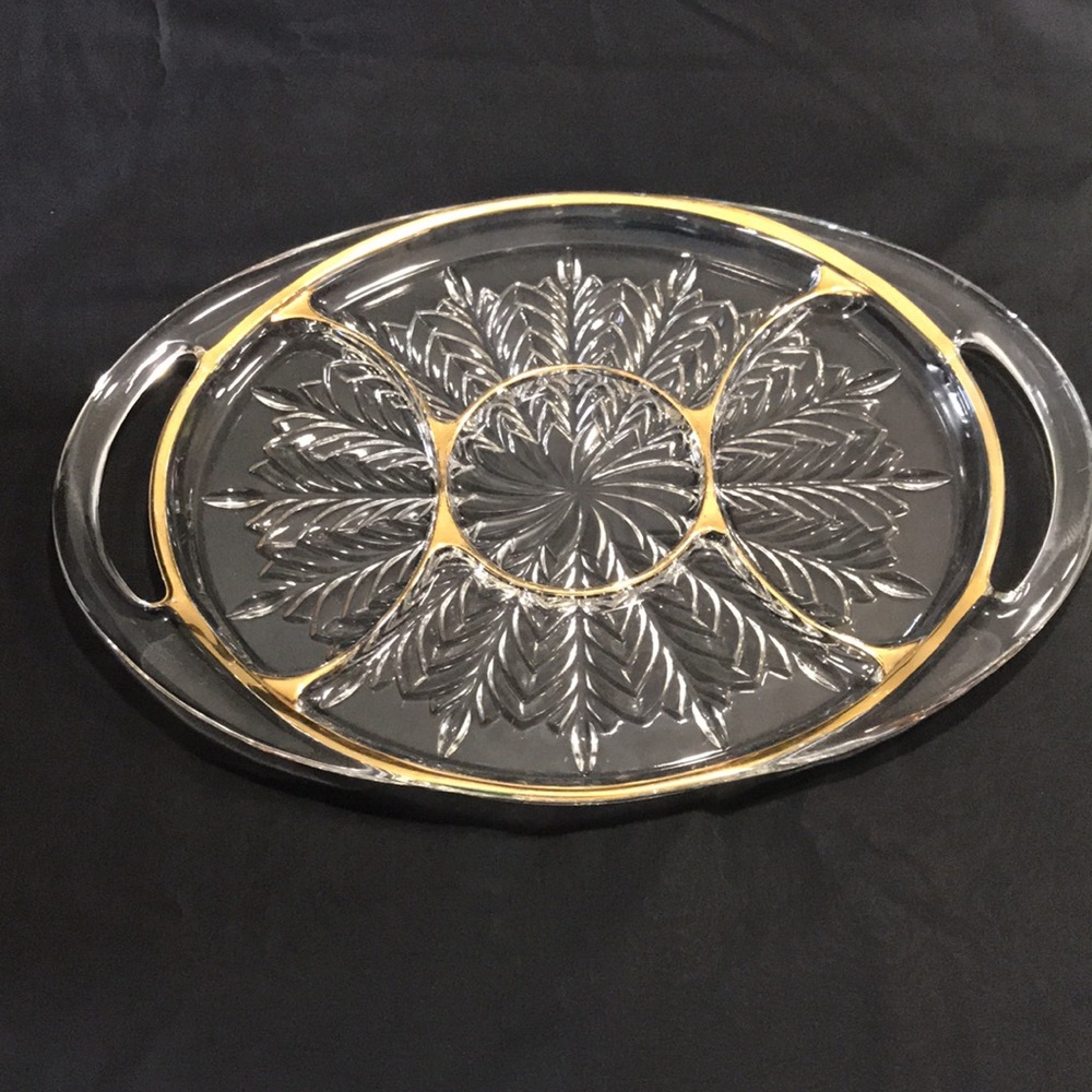 Vintage Clear Glass Oval Serving Tray with Gold Trim